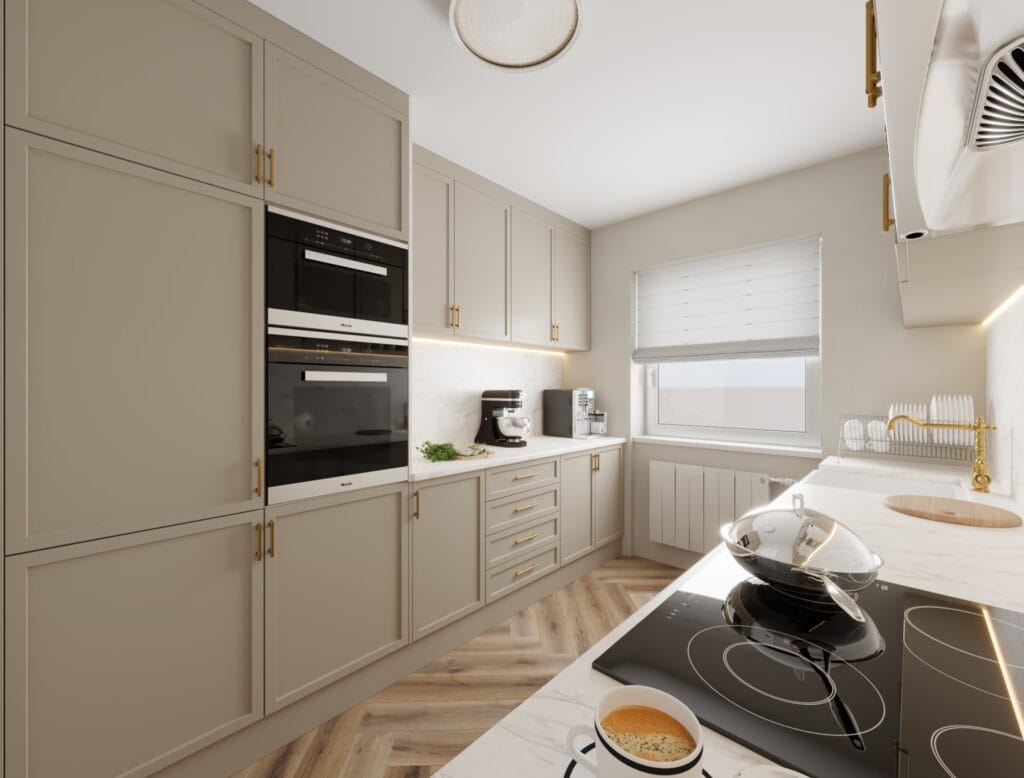 Spacious kitchen interior with oven tower and corner layout – Intervibe Studio