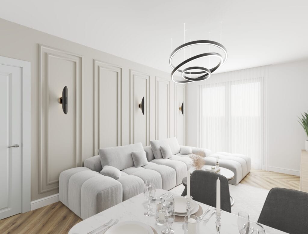 Spacious living room design with neutral palette and modern furniture – Intervibe Studio