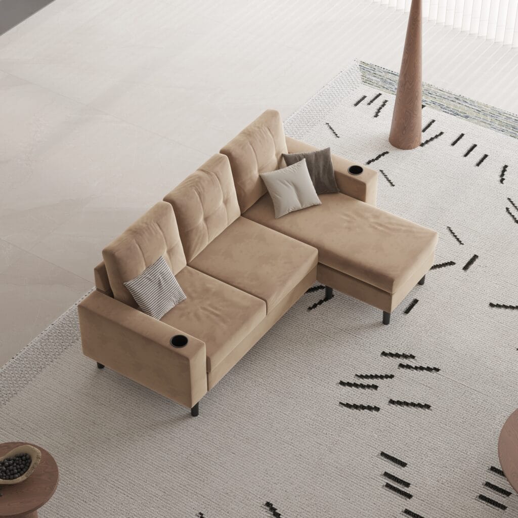 Top-down angled view of brown sectional sofa in modern living room – Intervibe Studio 3D render