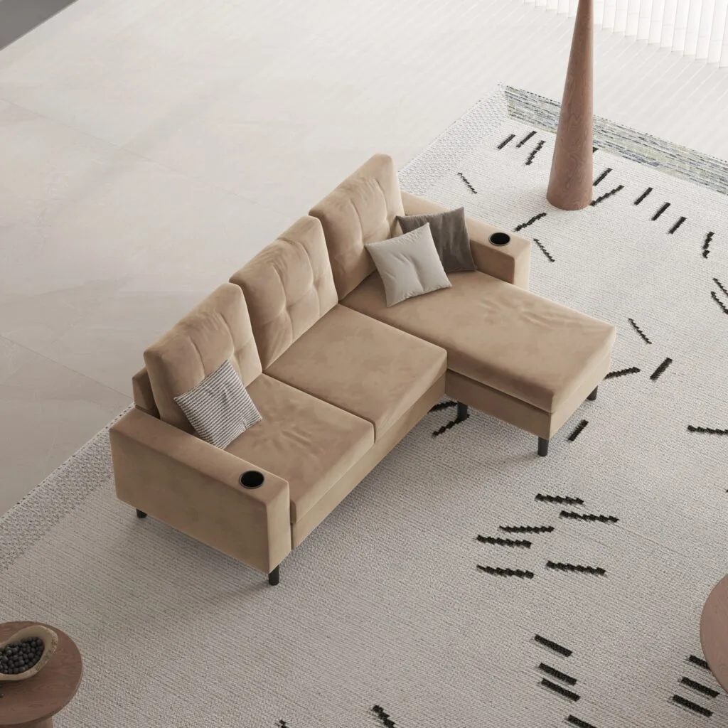 Top-down angled view of brown sectional sofa in modern living room – Intervibe Studio 3D render