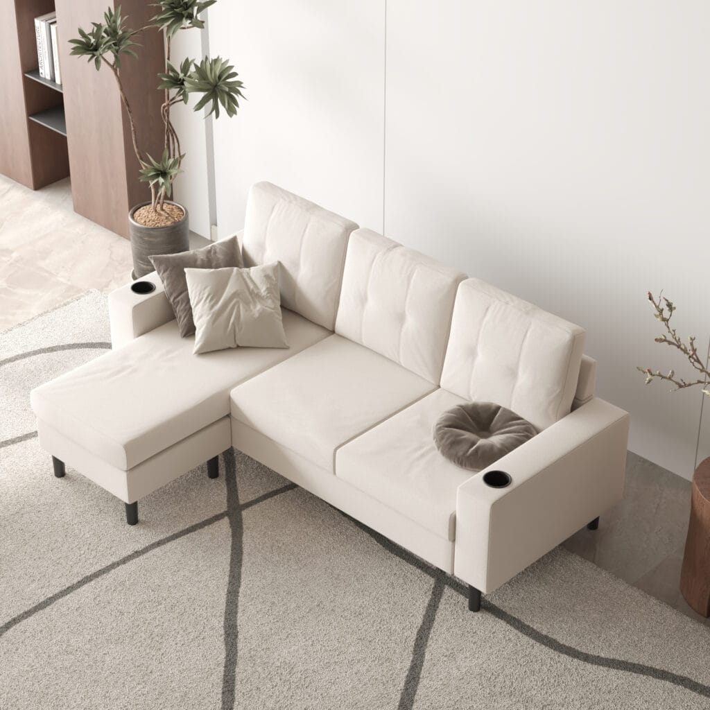 Top-down view of cream sectional sofa with chaise in modern interior – Intervibe Studio 3D render