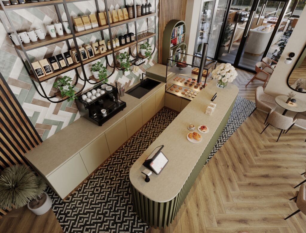 Top view of café seating layout with wooden flooring and round tables