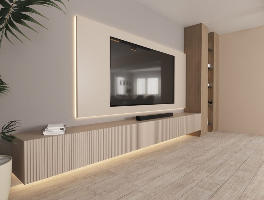 TV wall with custom cabinetry and warm LED strip lighting – modern living room render