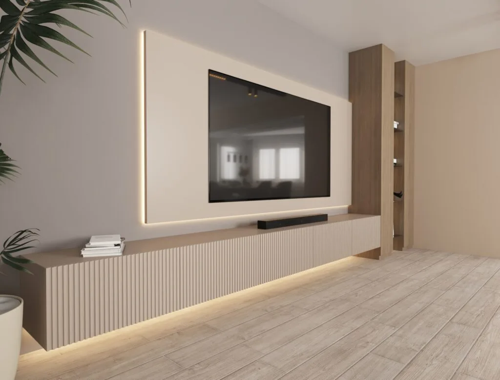 TV wall with custom cabinetry and warm LED strip lighting – modern living room render