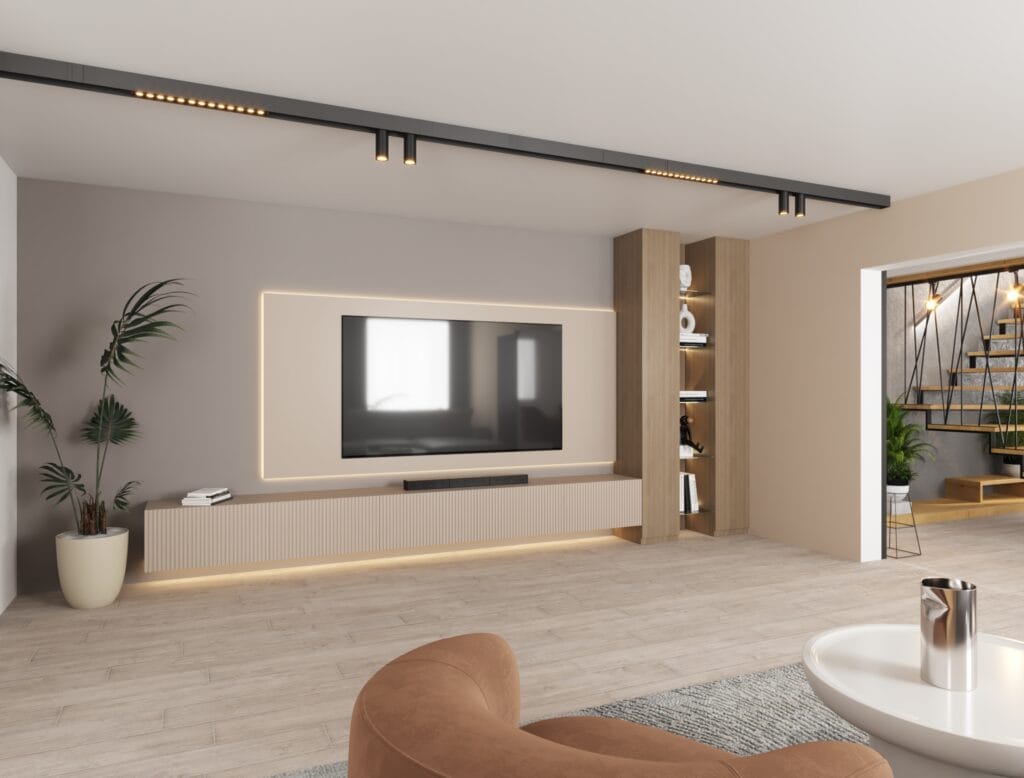 TV wall with integrated shelving, neutral panels, and LED ambient lighting – 3D interior visualization