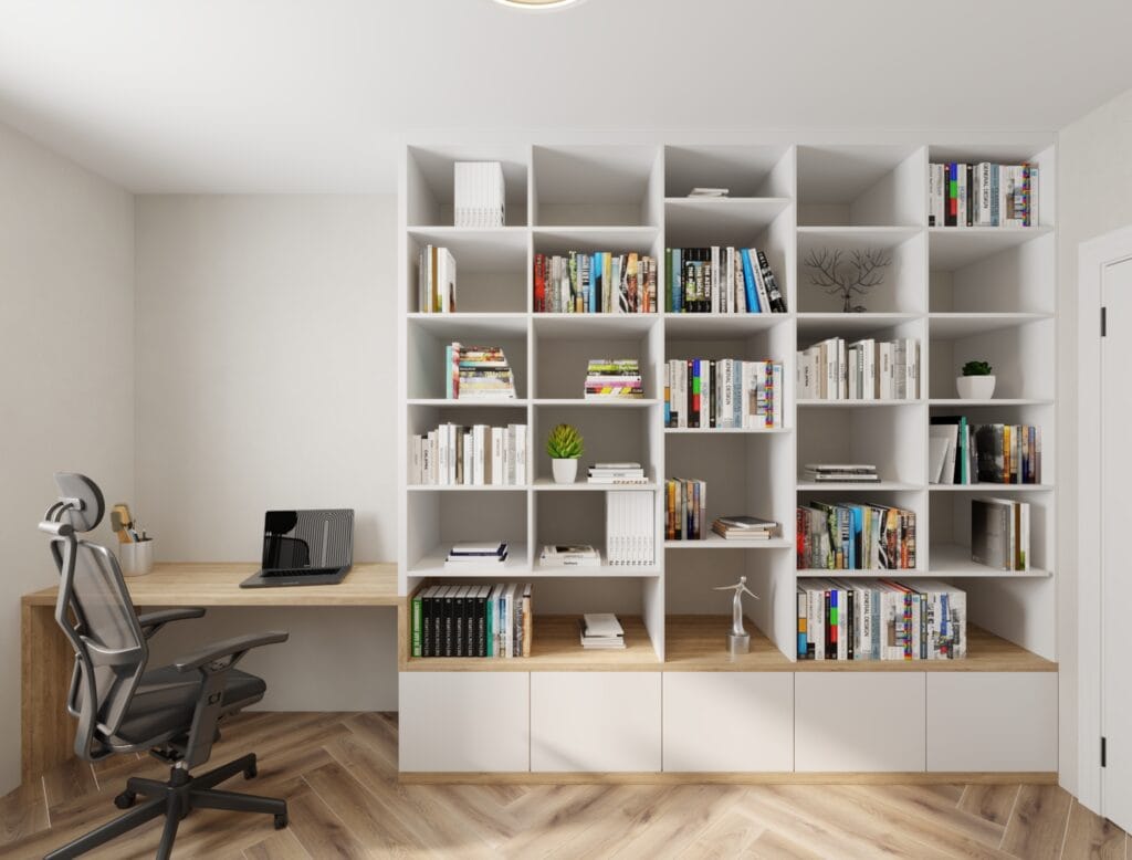 Wall-to-wall shelving with workspace – Intervibe Studio