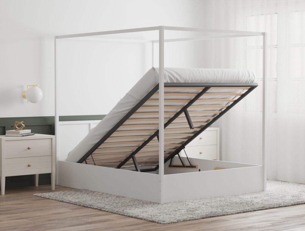 Canopy bed frame visualization in modern bedroom interior