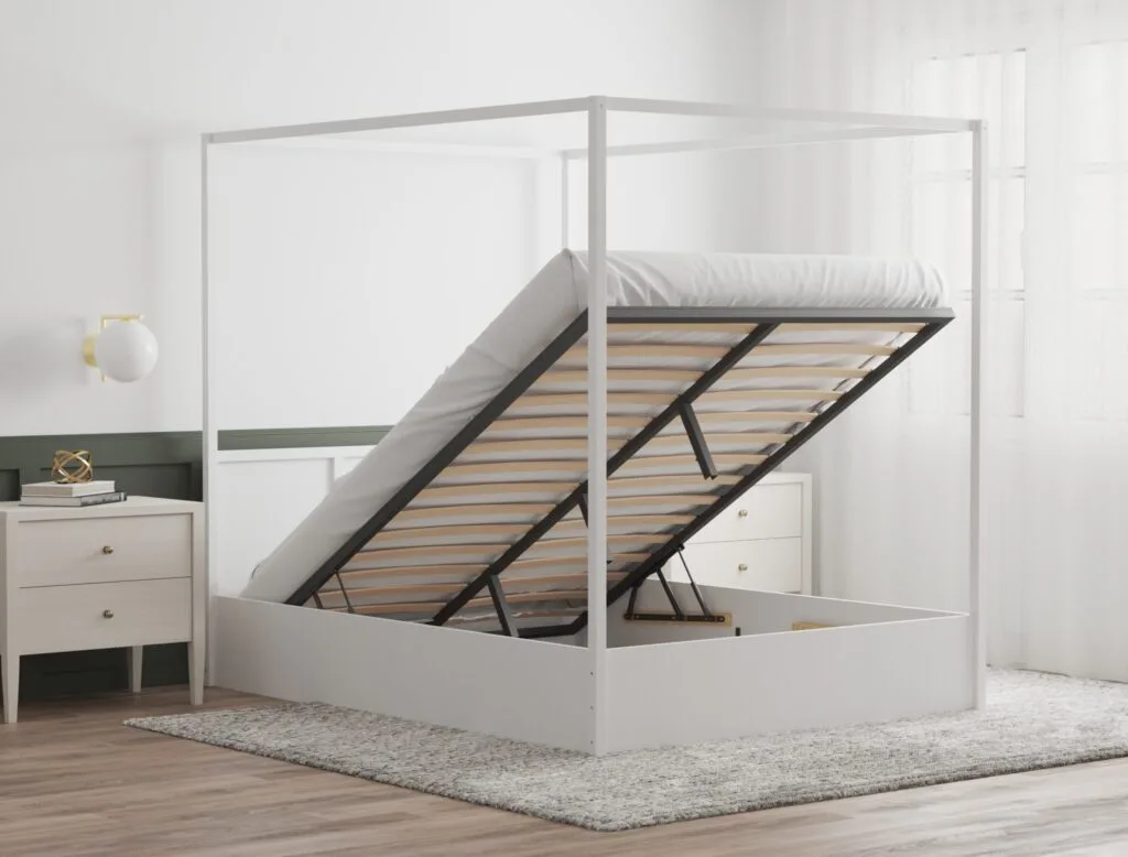 Canopy bed frame visualization in modern bedroom interior