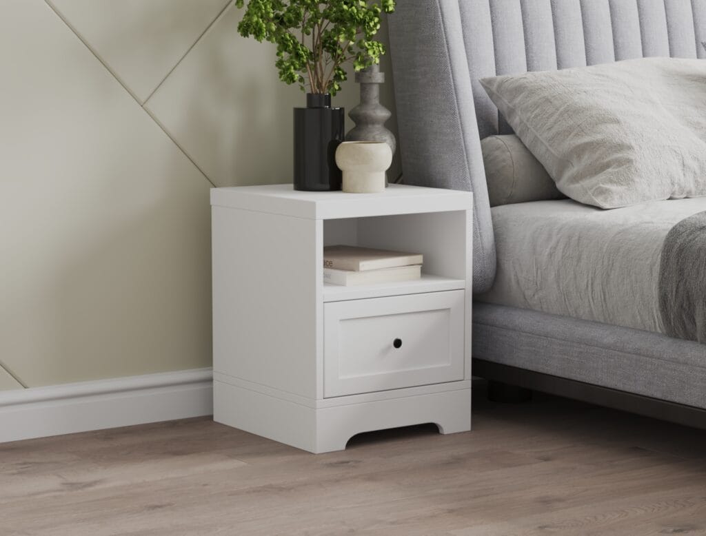 White bedside table with drawer