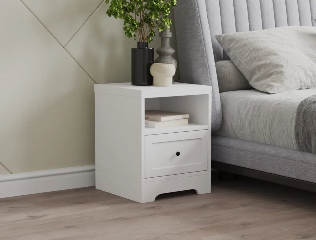 White bedside table with drawer