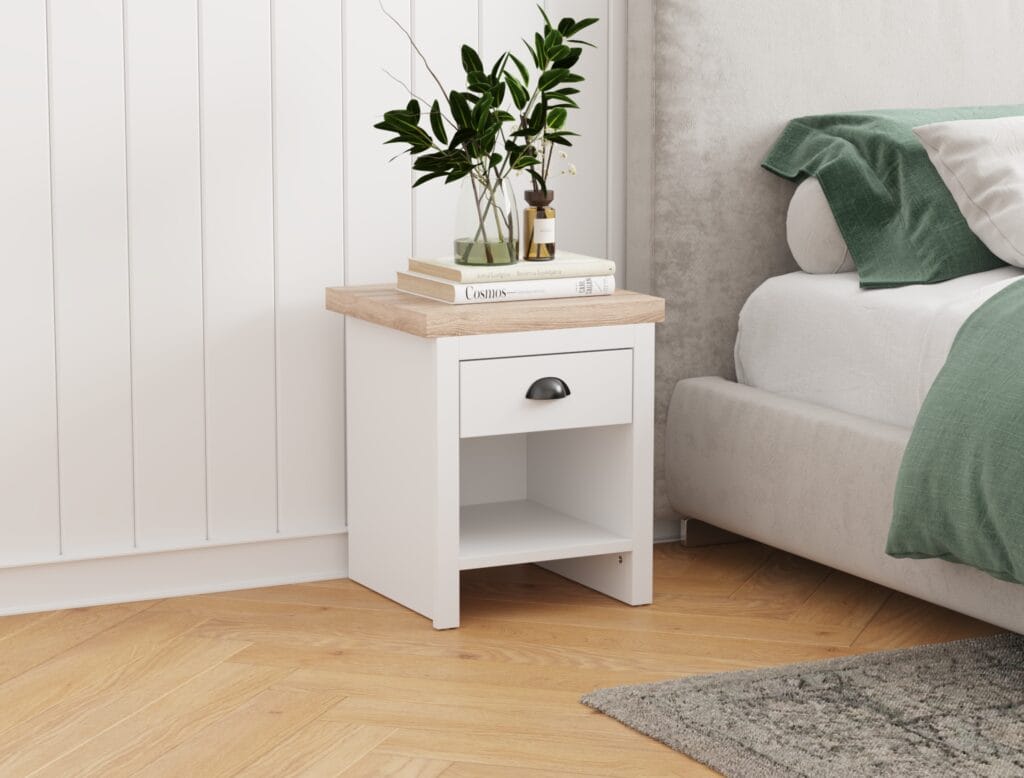 White bedside table with oak wood top