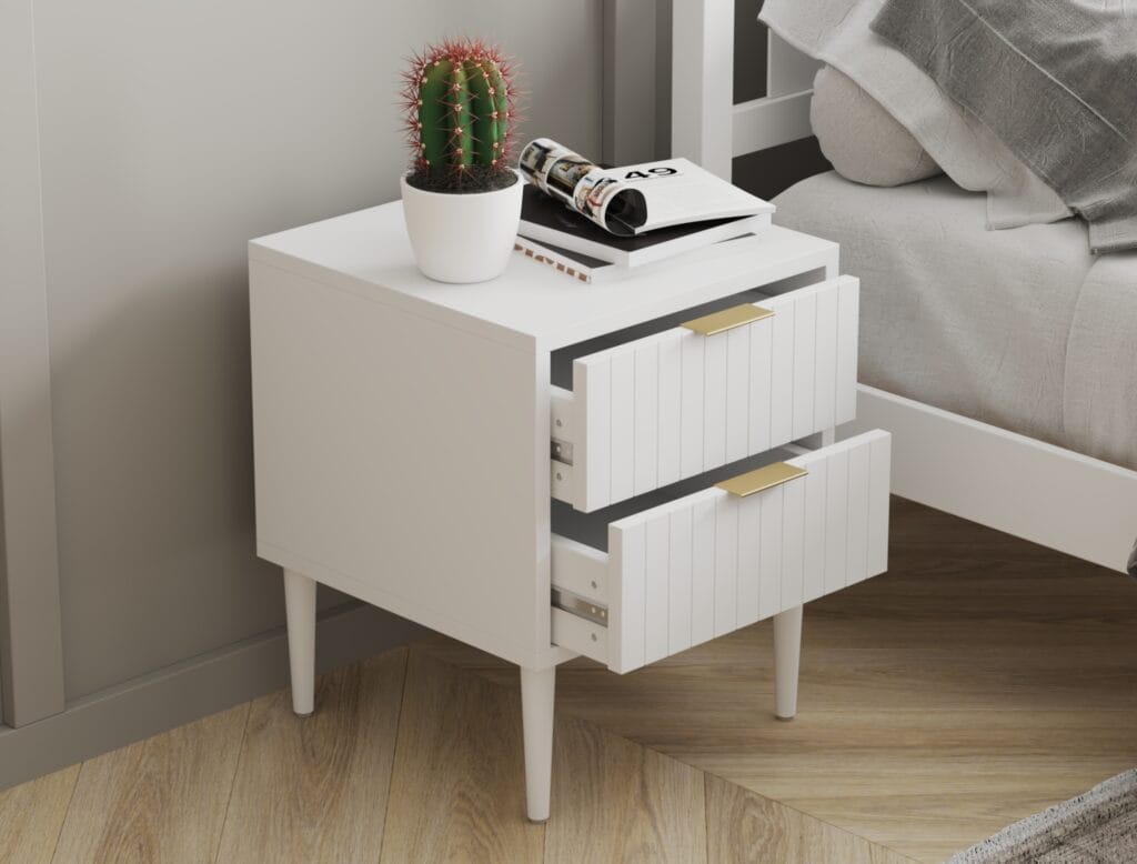 White bedside table with wooden legs