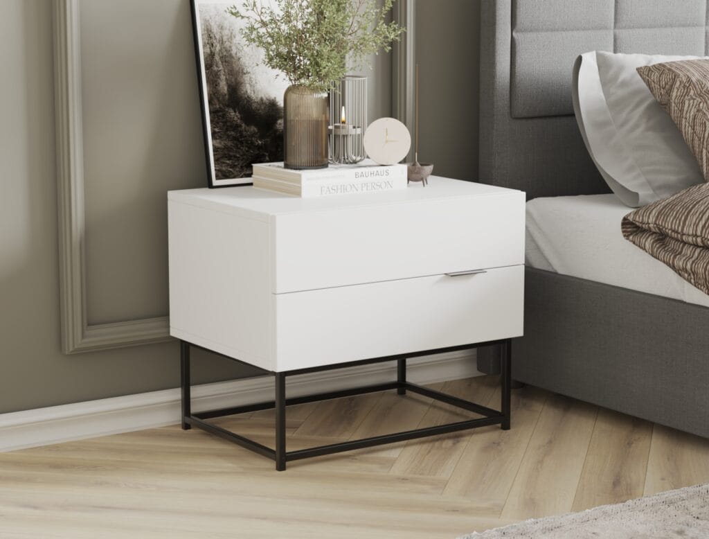White nightstand with single drawer and metal base