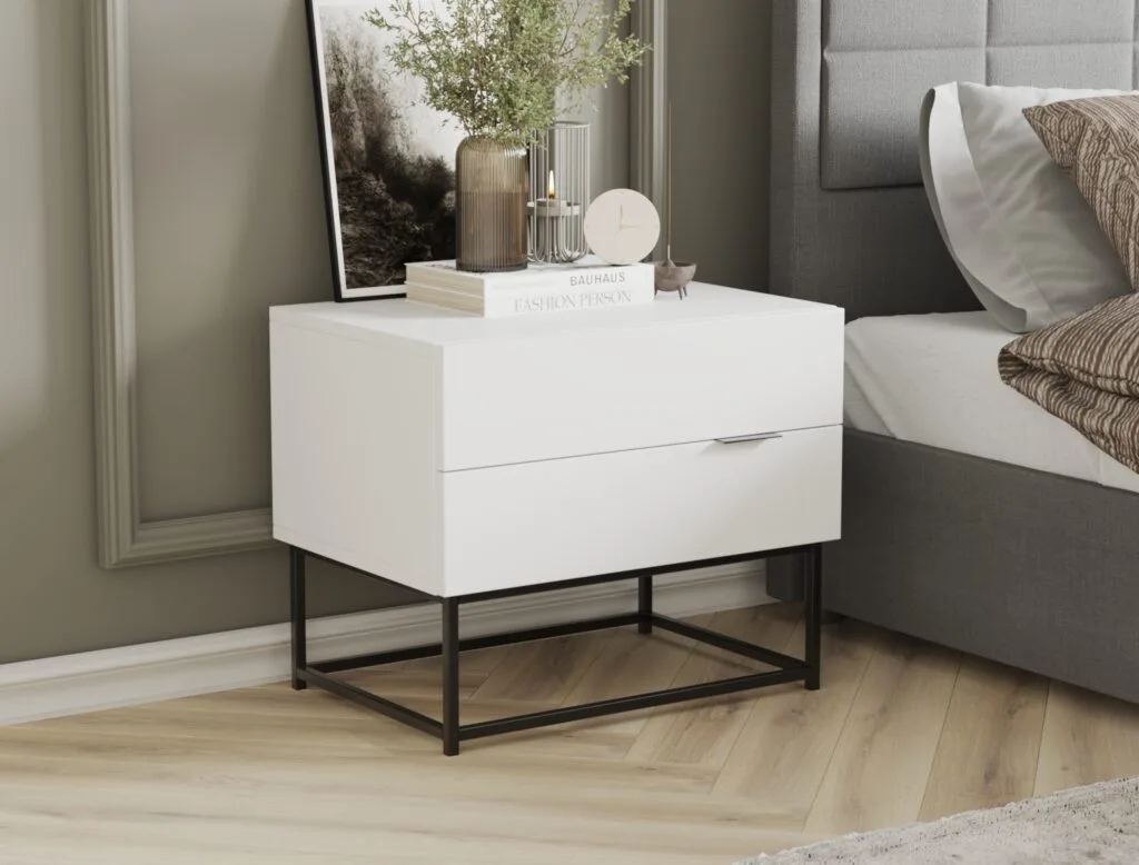 White nightstand with single drawer and metal base