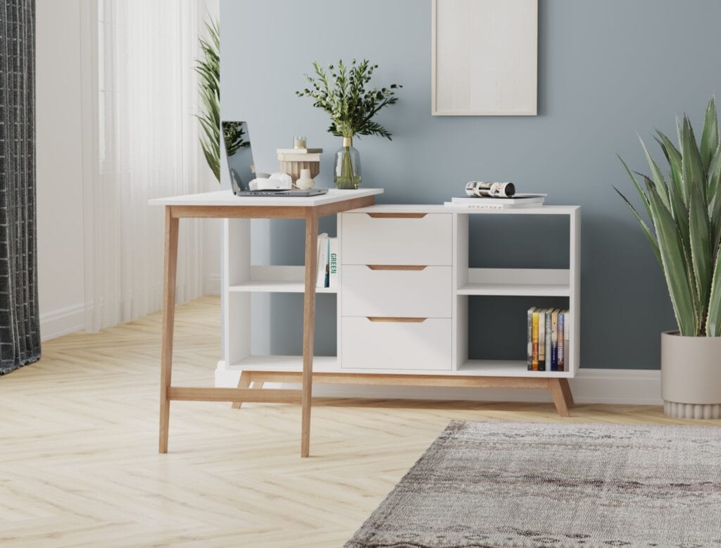 White office desk with drawers and shelves in modern home office interior – Intervibe Studio render