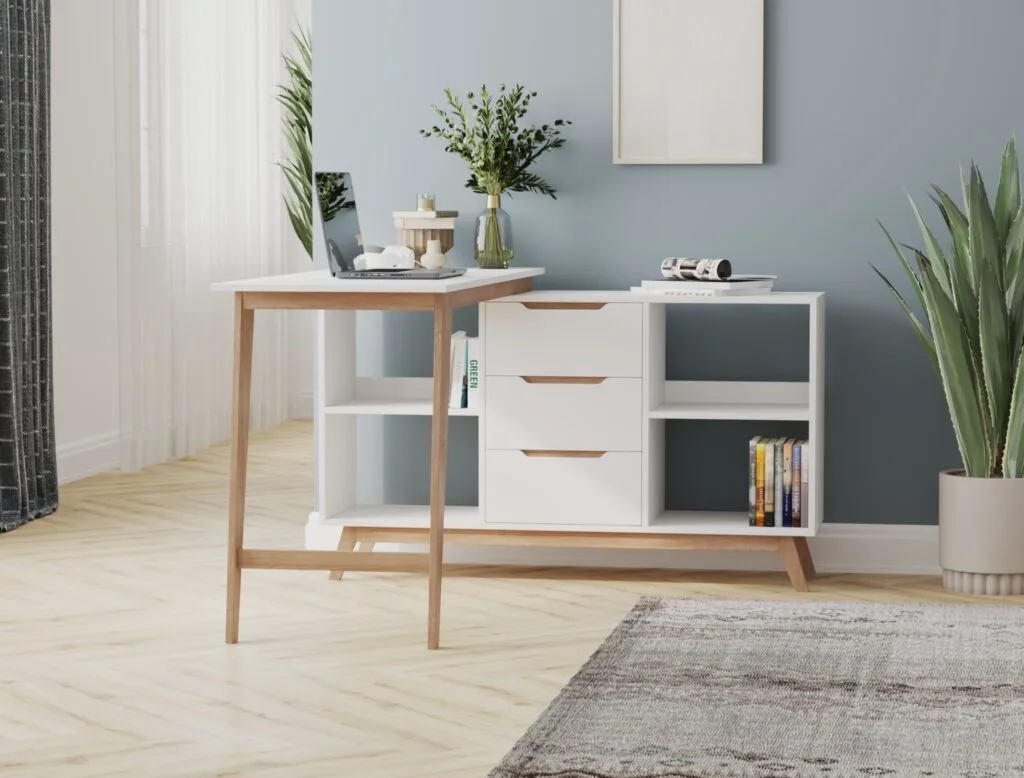 White office desk with drawers and shelves in modern home office interior – Intervibe Studio render