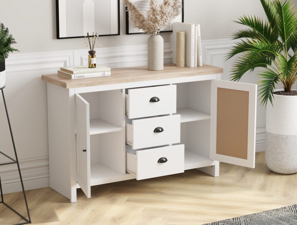 White sideboard cabinet with drawers and shelves