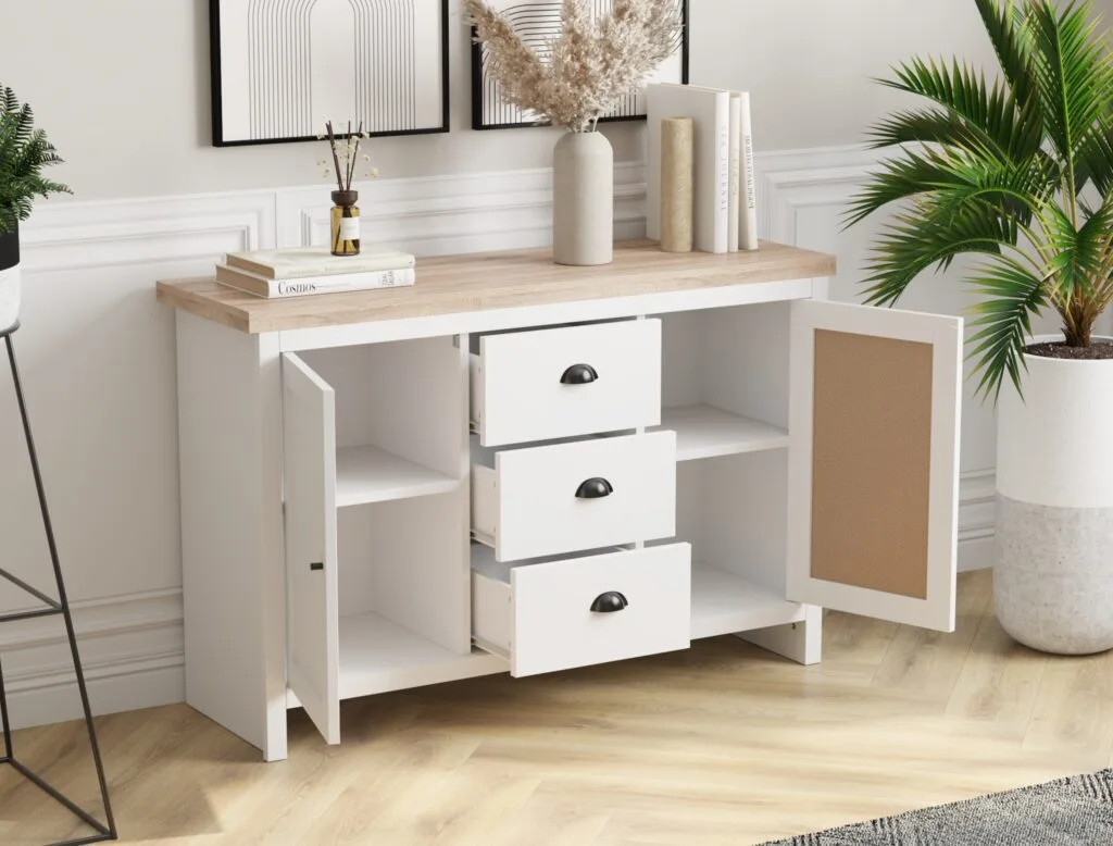 White sideboard cabinet with drawers and shelves