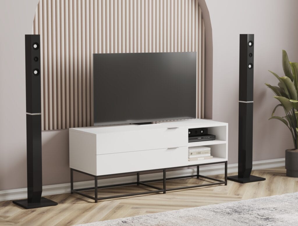 White TV cabinet with drawers and black base