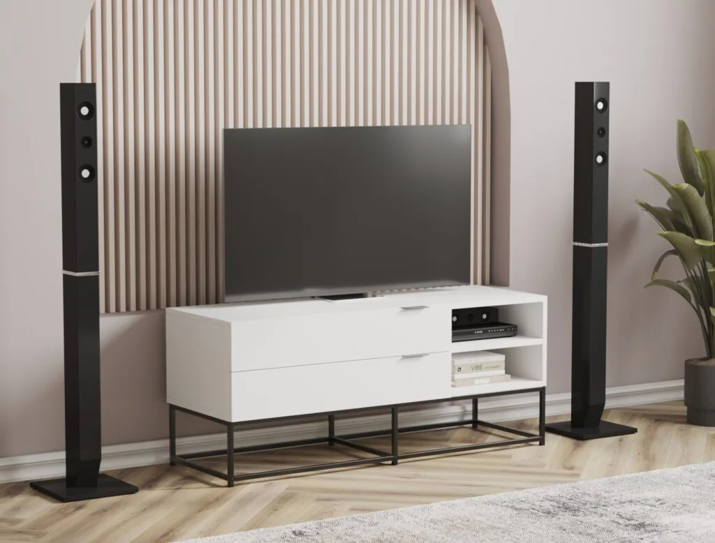 White TV cabinet with drawers and black base