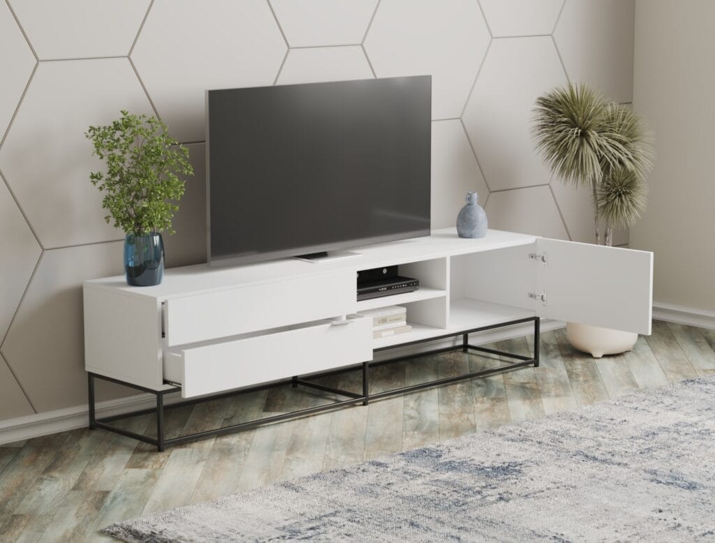 White TV stand with drawers and open shelves