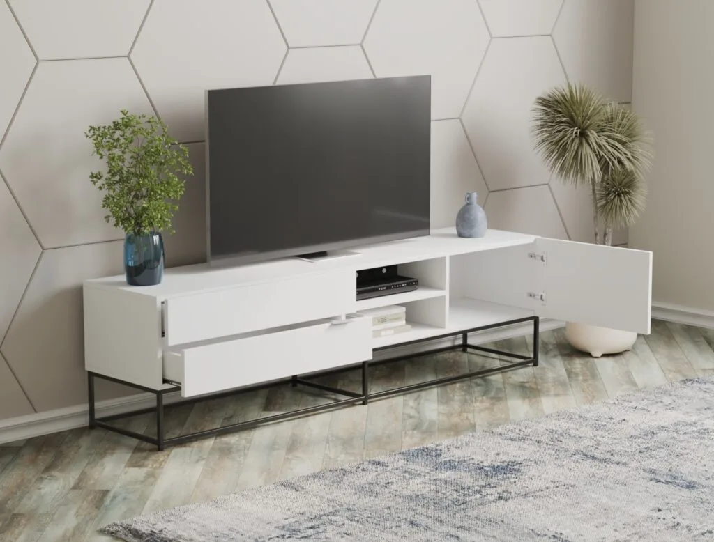 White TV stand with drawers and open shelves