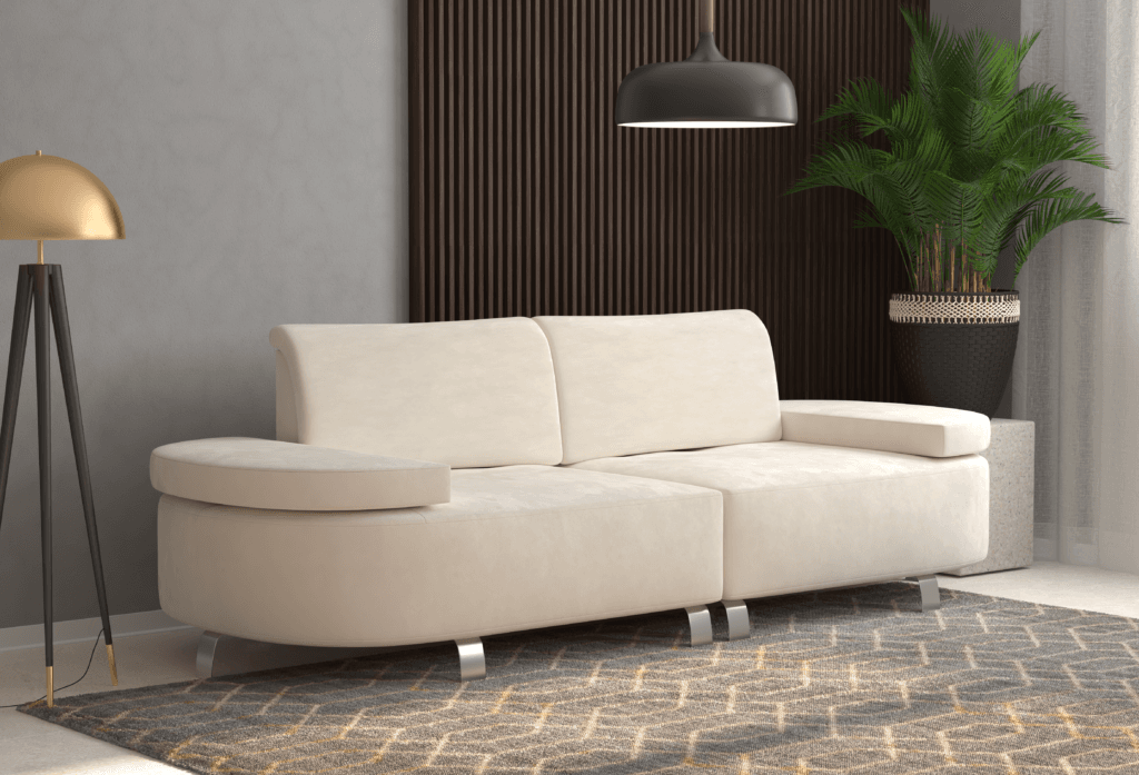 White two-seater modern sofa with rounded edges