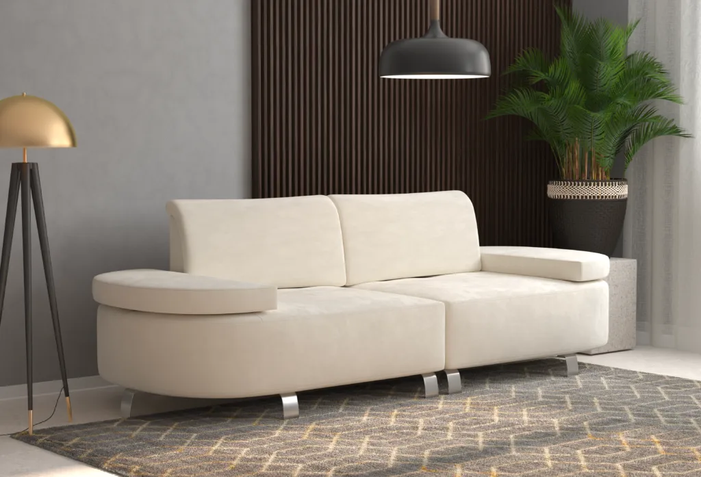 White two-seater modern sofa with rounded edges