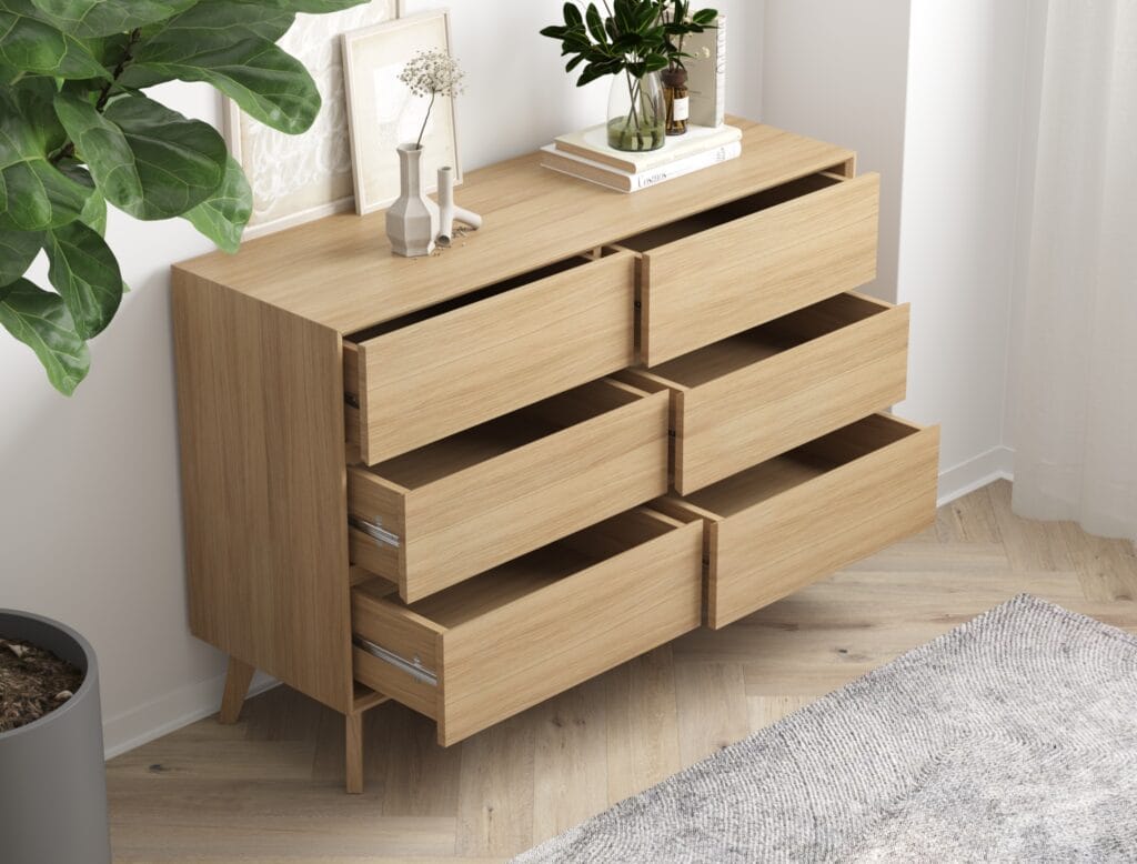 Wide oak chest of drawers with six drawers