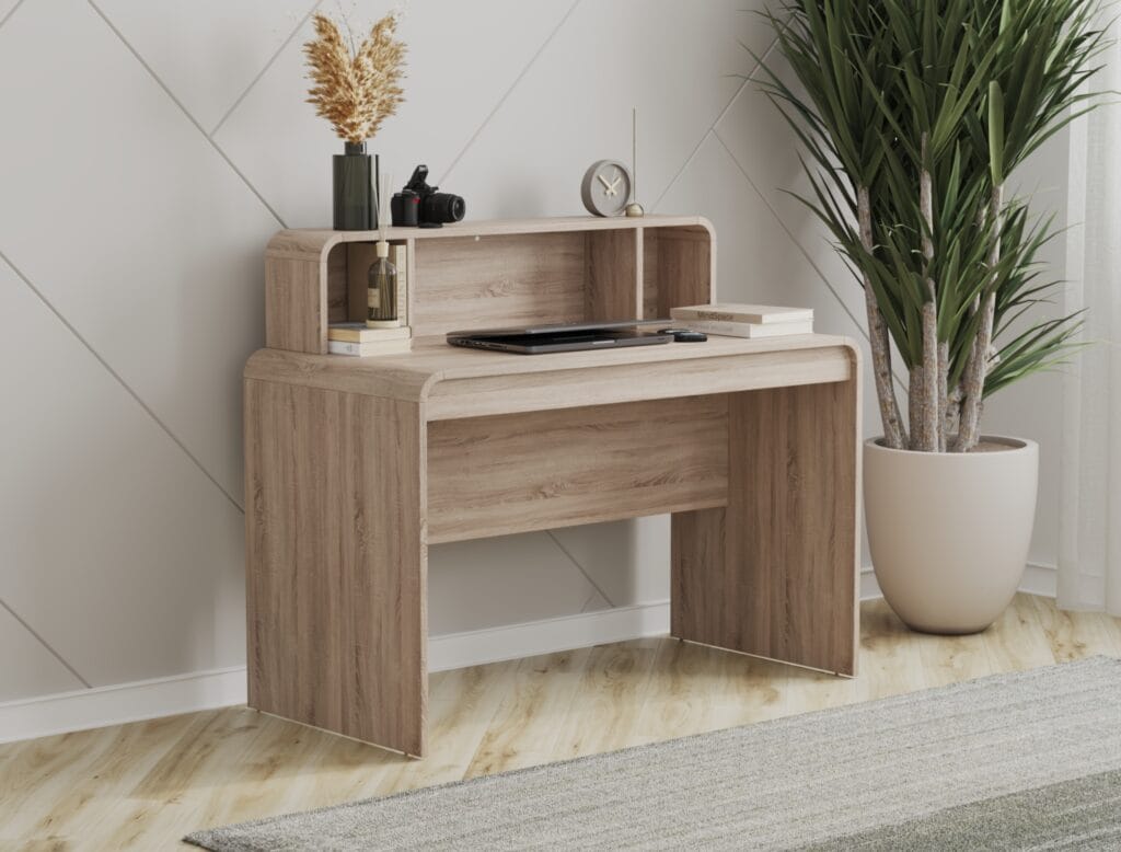 Wooden desk with upper shelf in natural oak finish.