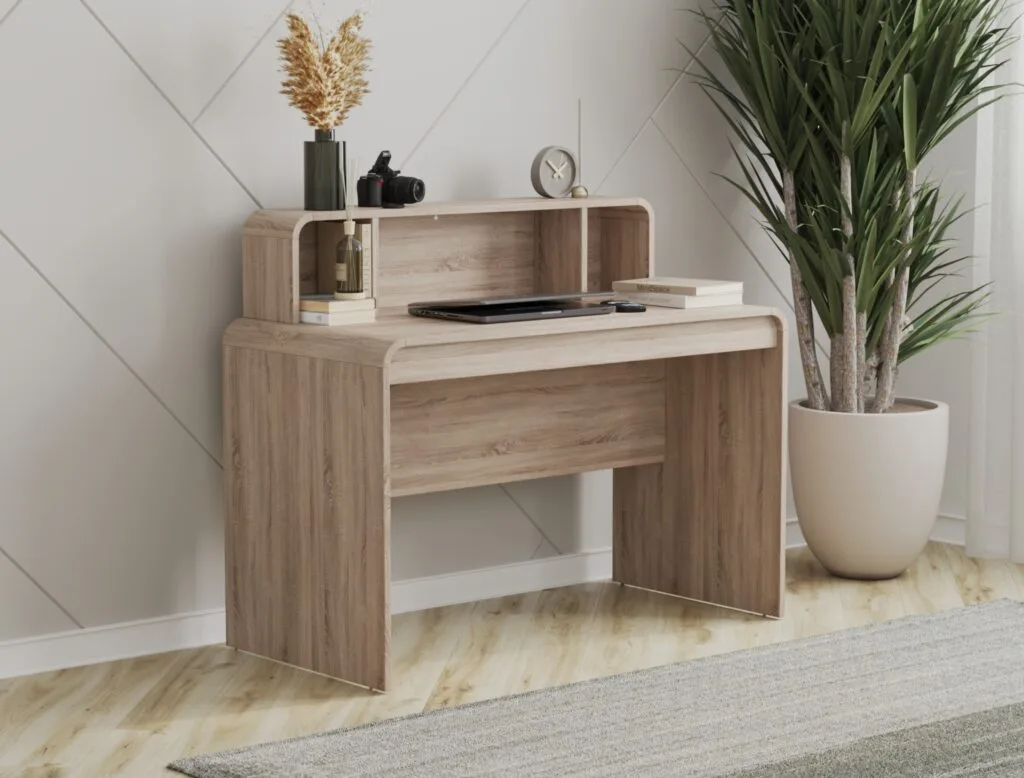 Wooden desk with upper shelf in natural oak finish.