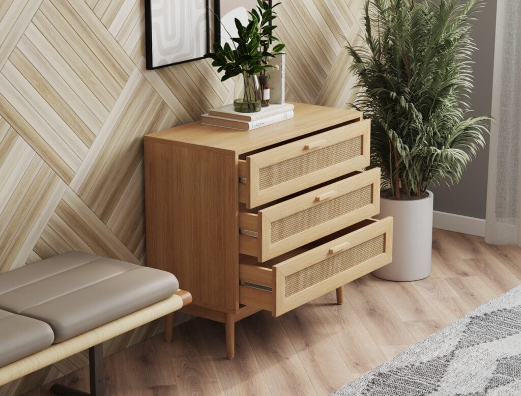 Wooden dresser with rattan drawer fronts