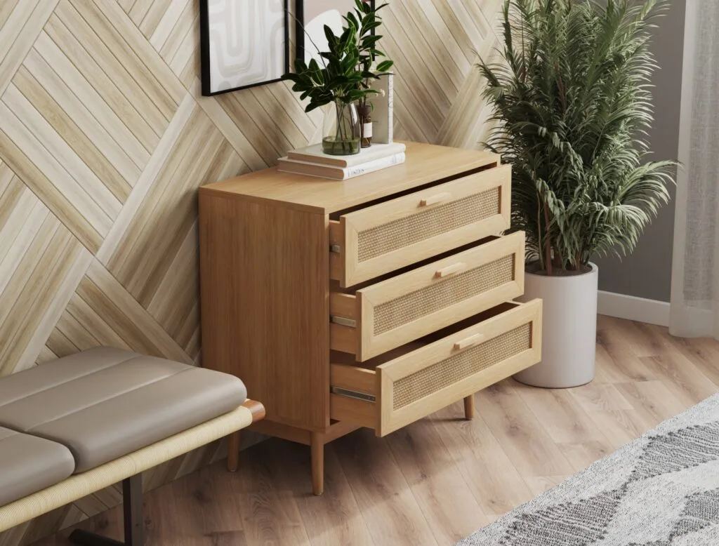 Wooden dresser with rattan drawer fronts