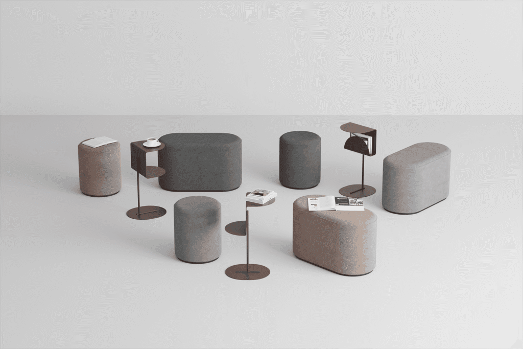 3D render of modern lounge furniture set with stools and lamps