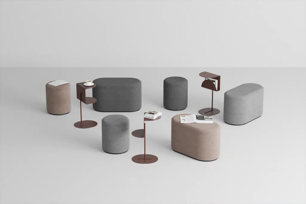 3D render of modern lounge furniture set with stools and lamps
