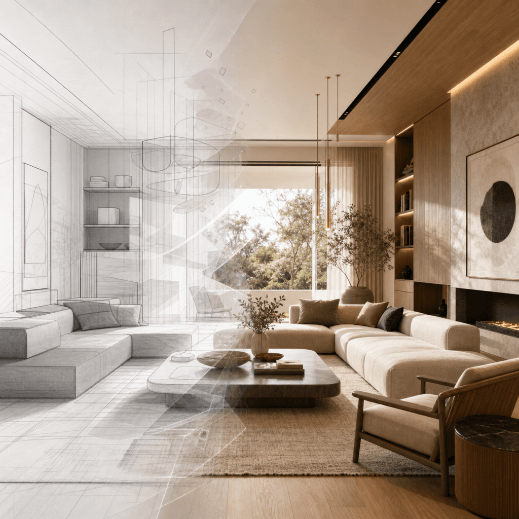 AI-assisted interior concept transforming from sketch into photorealistic 3D visualization