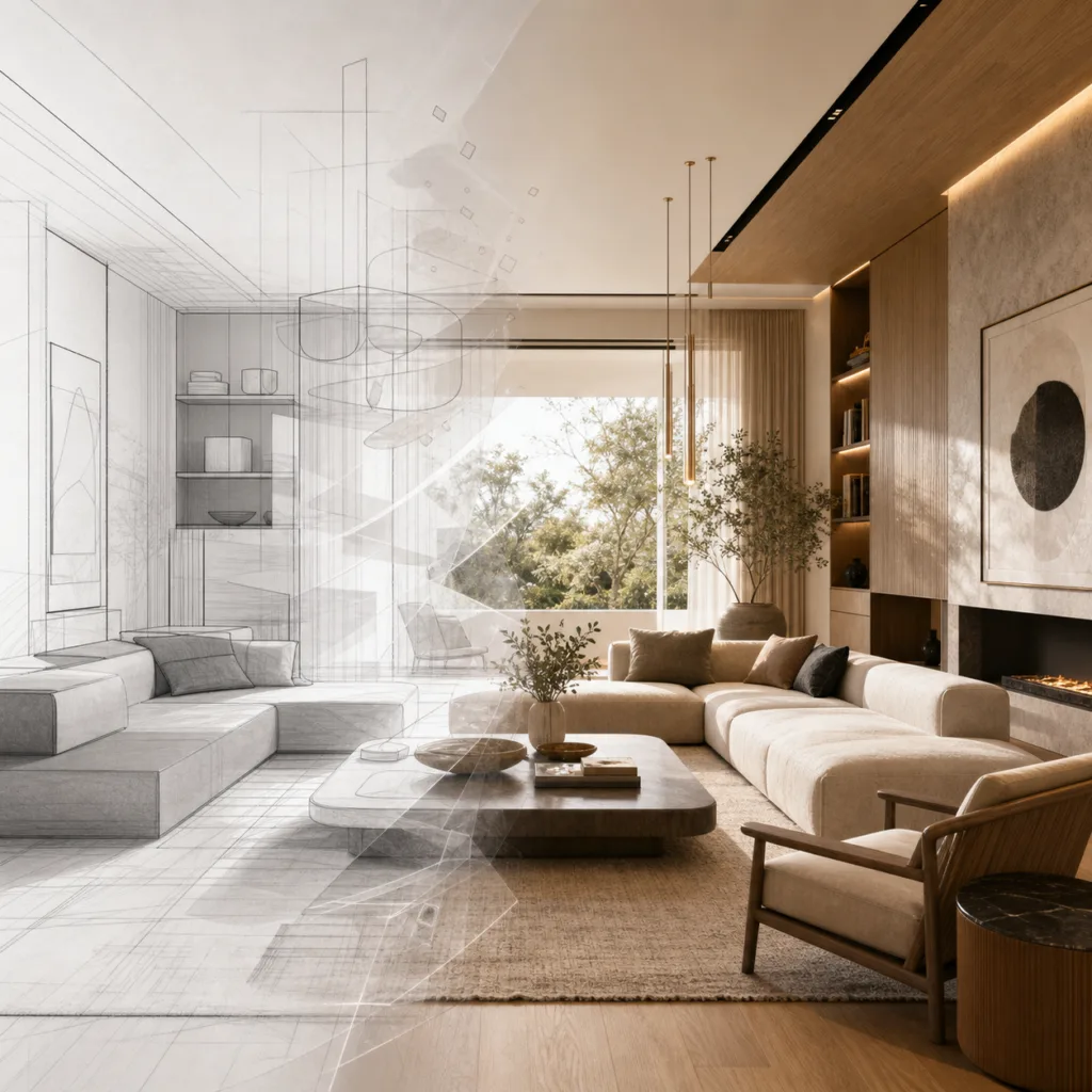 AI-assisted interior concept transforming from sketch into photorealistic 3D visualization