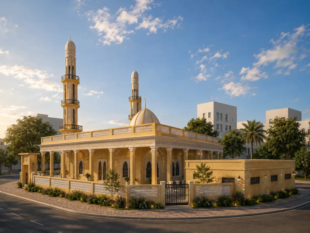 Architectural CGI of a modern mosque exterior with landscaped surroundings