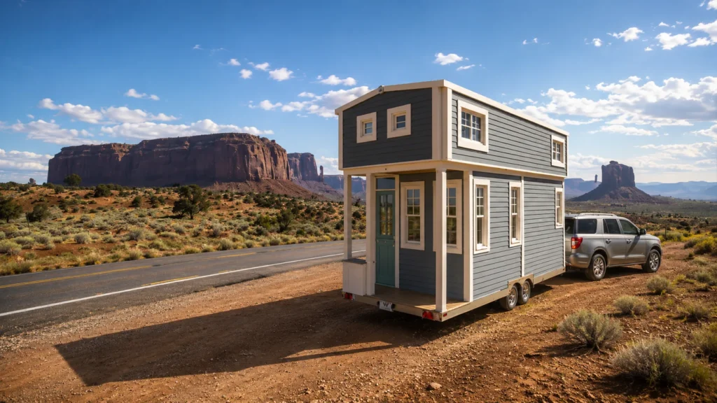 Architectural visualization of a modern tiny home and surrounding landscape
