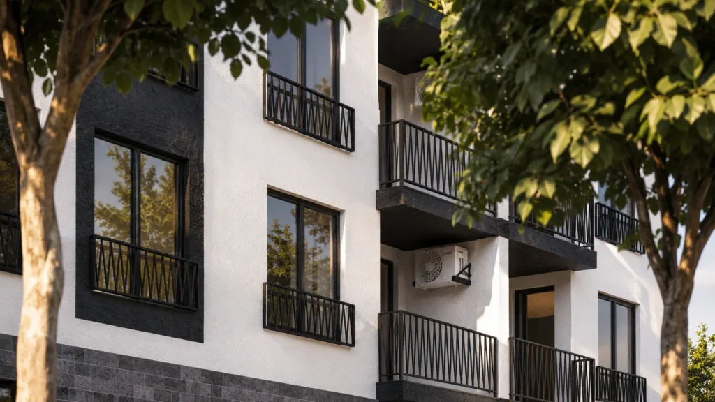 Close-up architectural visualization of apartment balconies, windows and modern facade materials