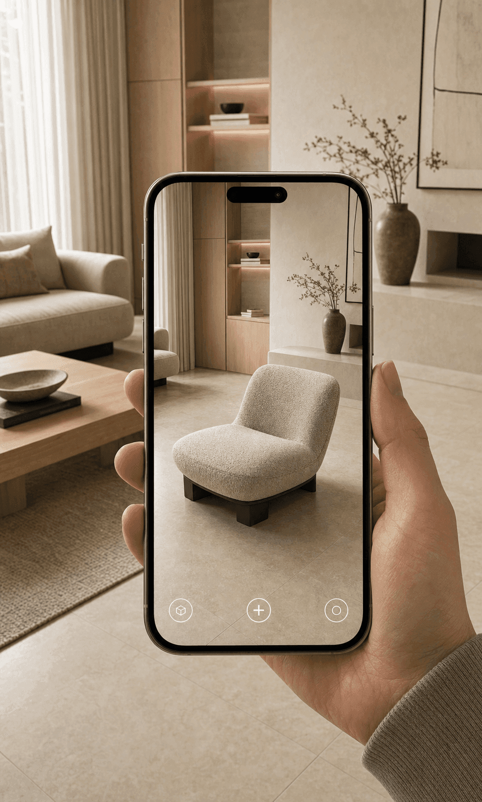 Augmented reality furniture preview showing a 3D lounge chair placed in a modern living room