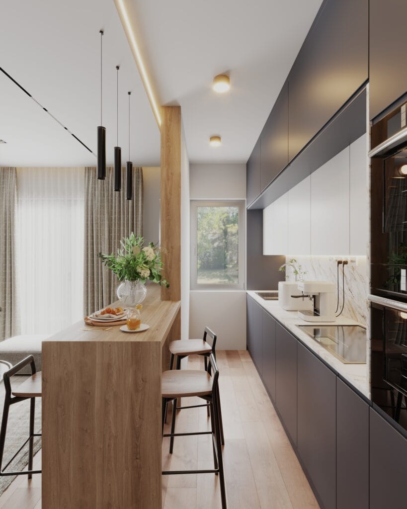 Compact modern kitchen interior with dark cabinetry, marble backsplash and a wooden breakfast bar
