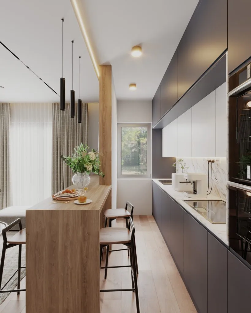 Compact modern kitchen interior with dark cabinetry, marble backsplash and a wooden breakfast bar
