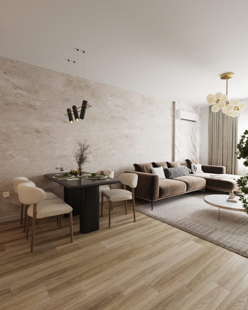 Contemporary living and dining room with a brown sectional sofa, textured wall and modern lighting