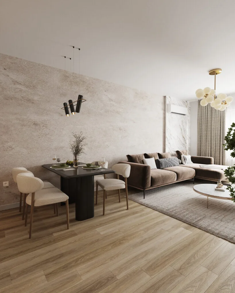 Contemporary living and dining room with a brown sectional sofa, textured wall and modern lighting