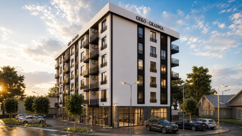 Corner exterior visualization of a modern mixed-use apartment building with ground-floor commercial spaces