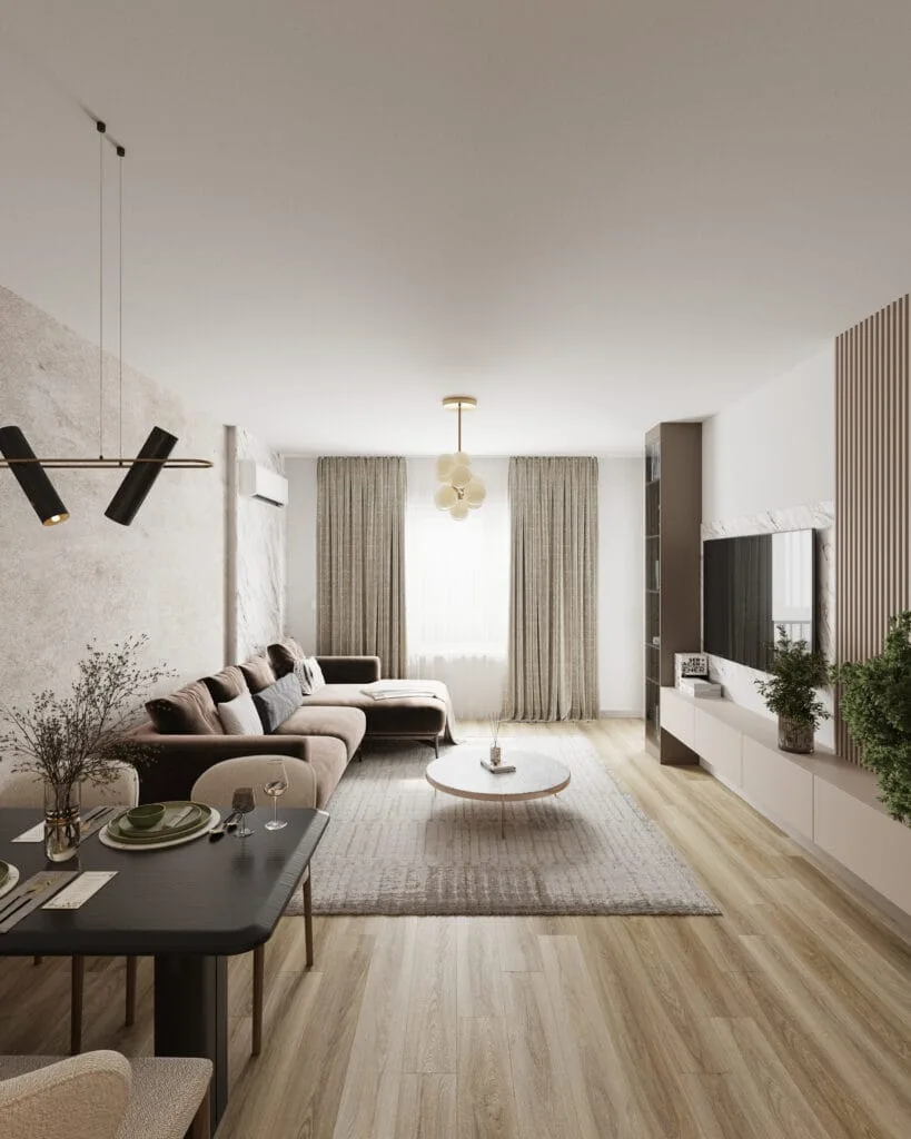 Wide view of a modern living and dining room with custom TV cabinetry and warm neutral materials