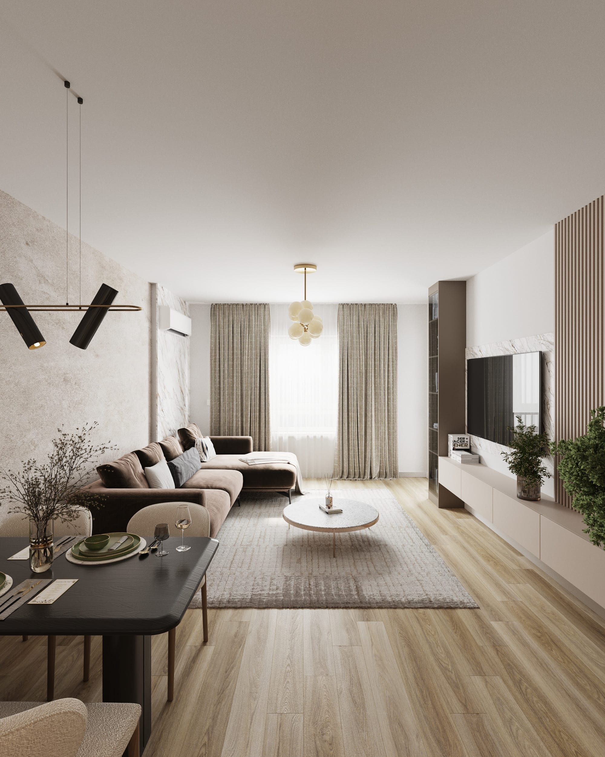 Wide view of a modern living and dining room with custom TV cabinetry and warm neutral materials