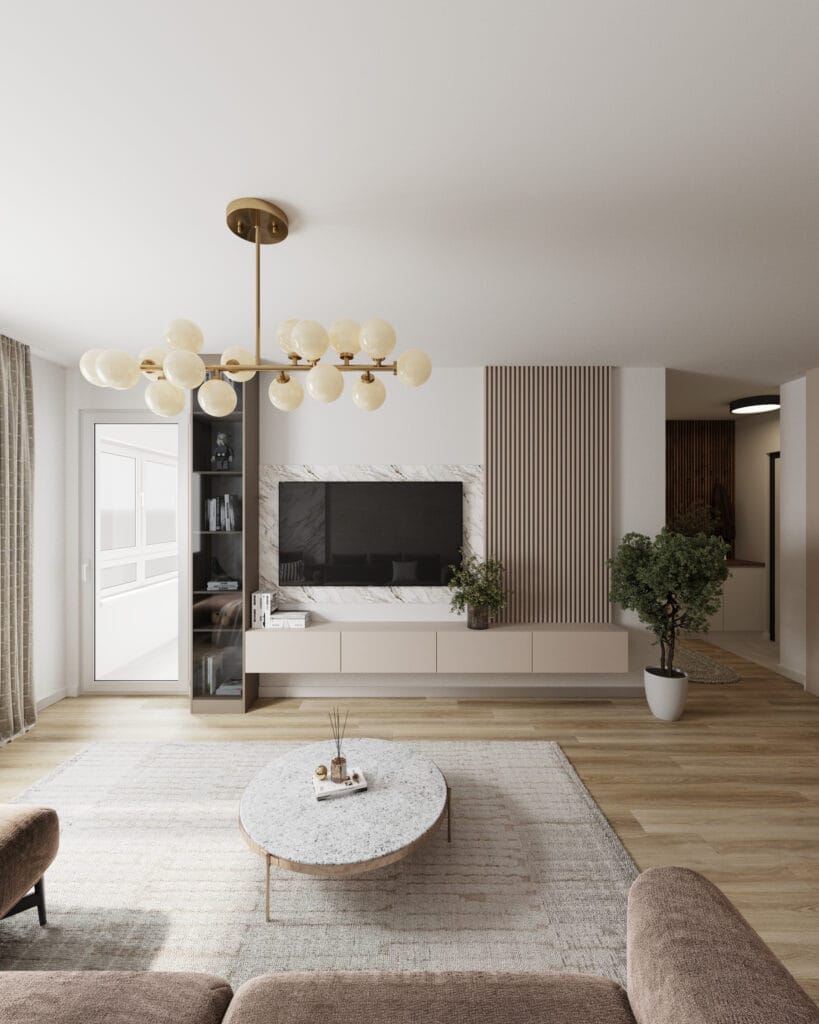 Front view of a modern living room with a marble TV wall, wood slats and floating cabinetry