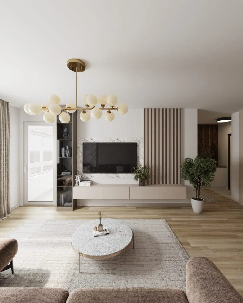 Front view of a modern living room with a marble TV wall, wood slats and floating cabinetry